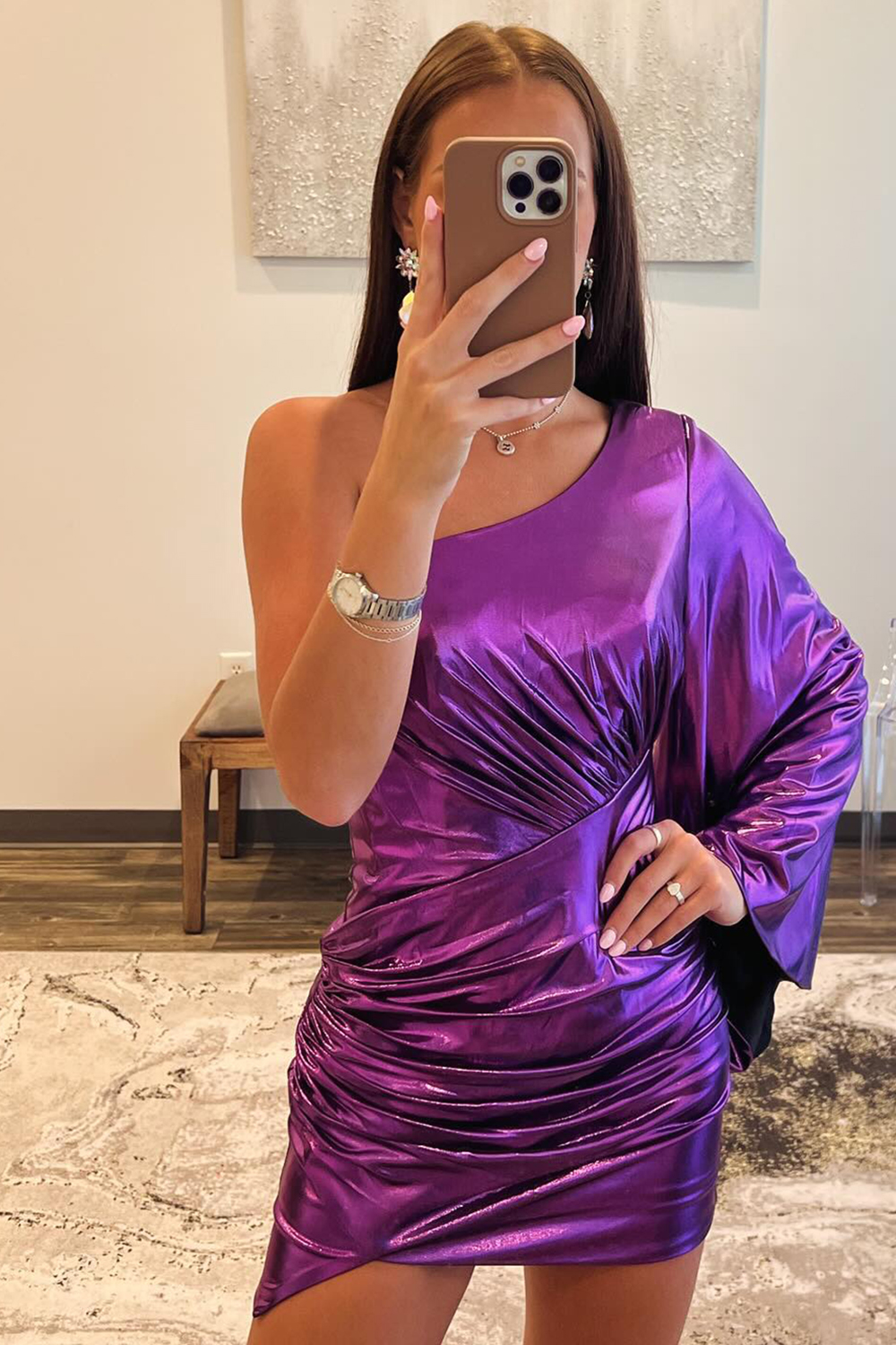 Purple Metallic One Shoulder Ruched Bodycon Short Homecoming Dress