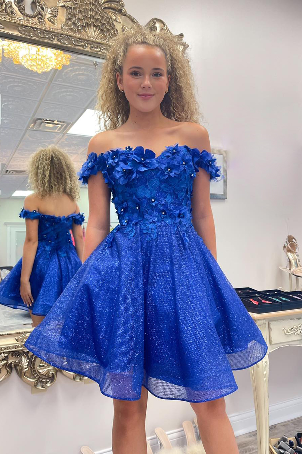 Glitter Royal Blue Off the Shoulder A-Line Short Homecoming Dress with 3D Flowers