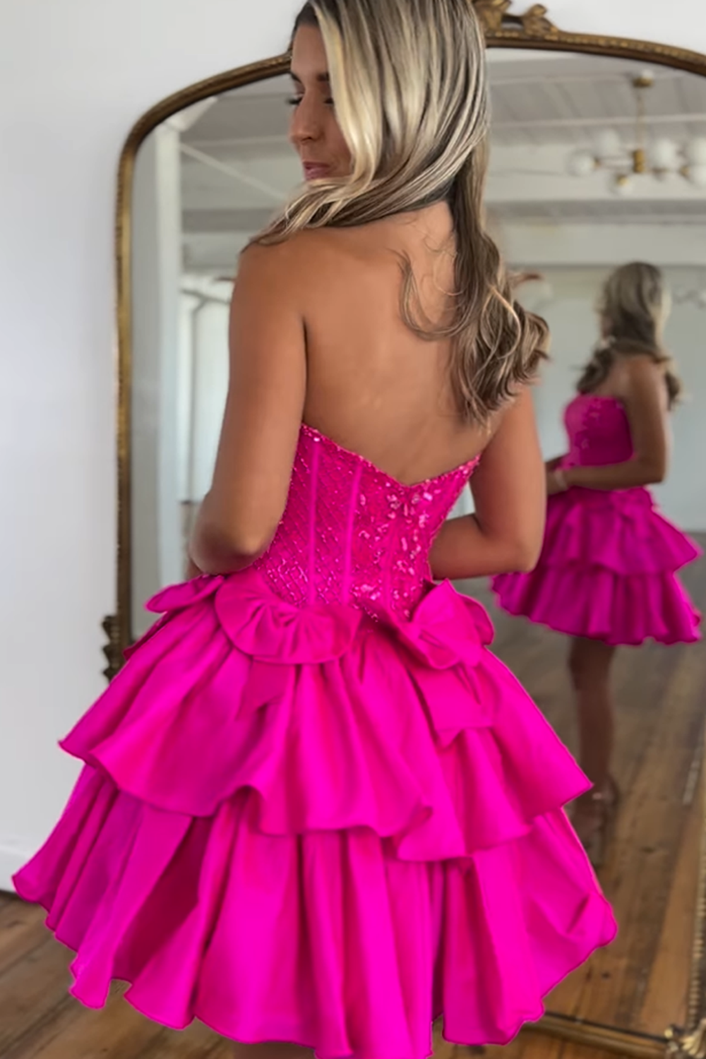 Fuchsia Strapless A-Line Tiered Short Homecoming Dress with Beading