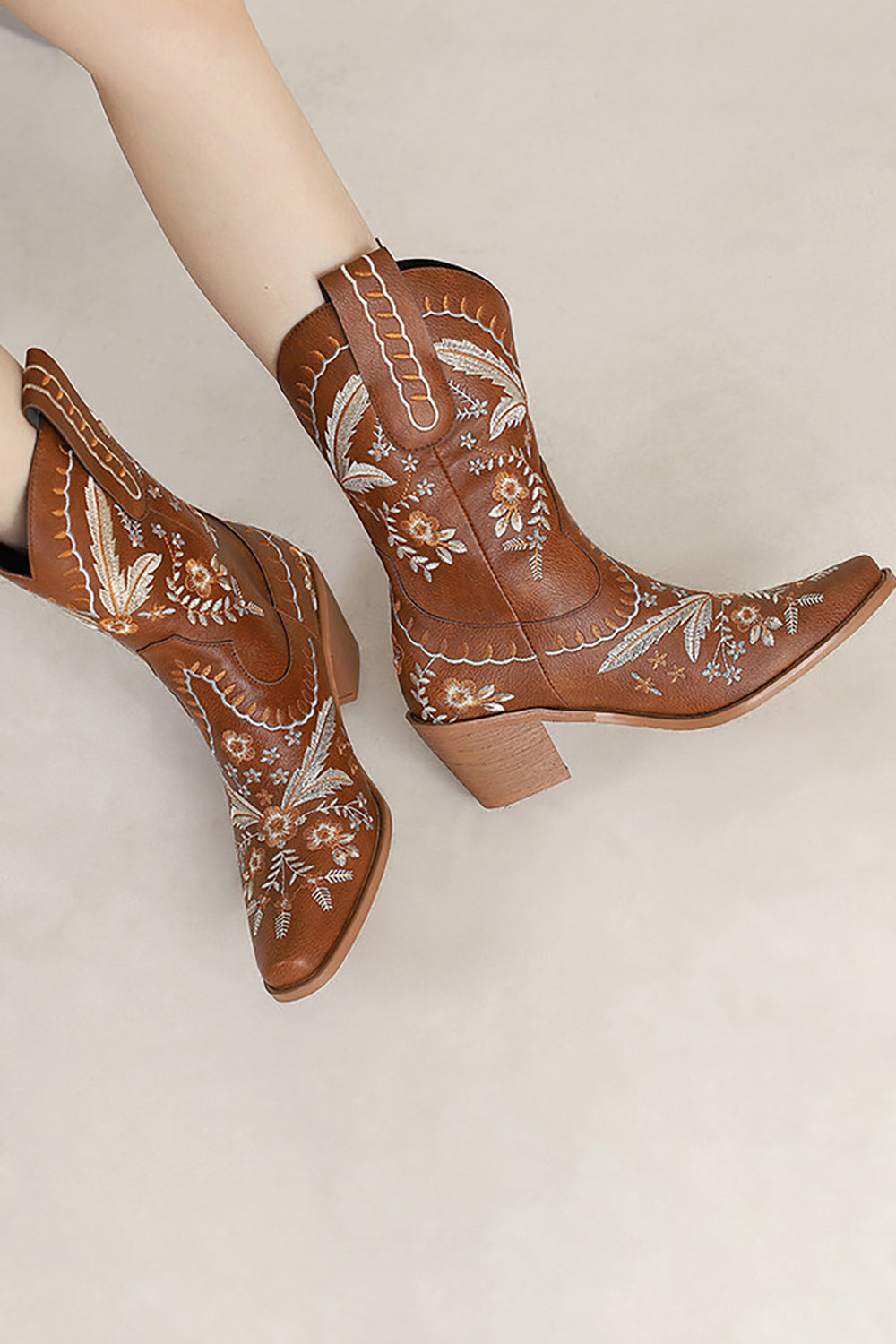 Black Embroidered Square Toe Block Heel High Cowgirl Boots