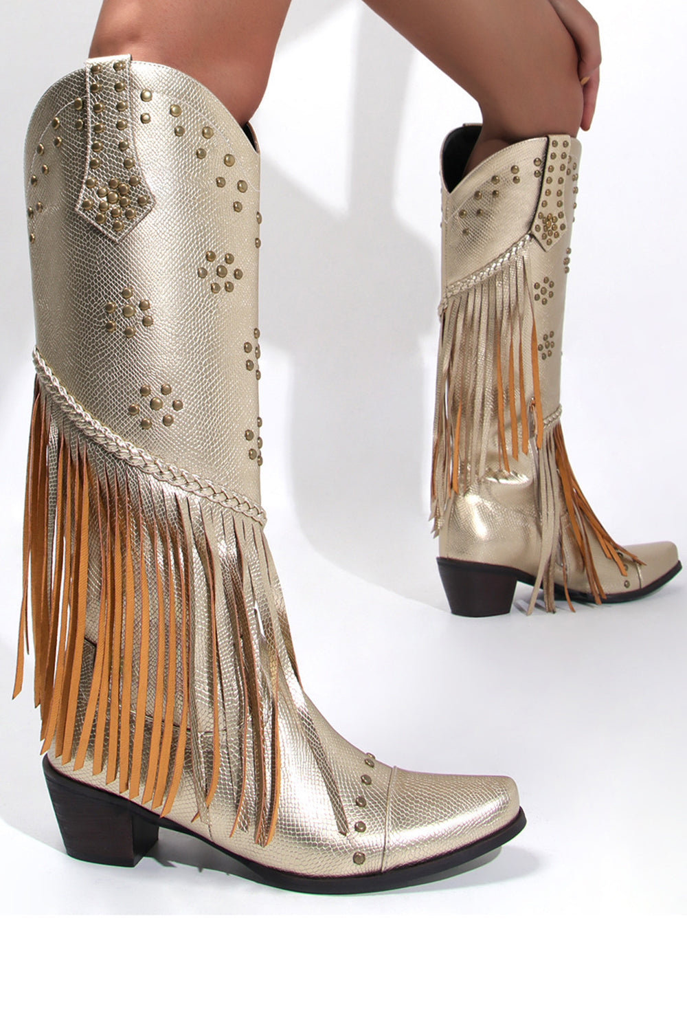 Black Tassel Rivet Block Heel High Boots