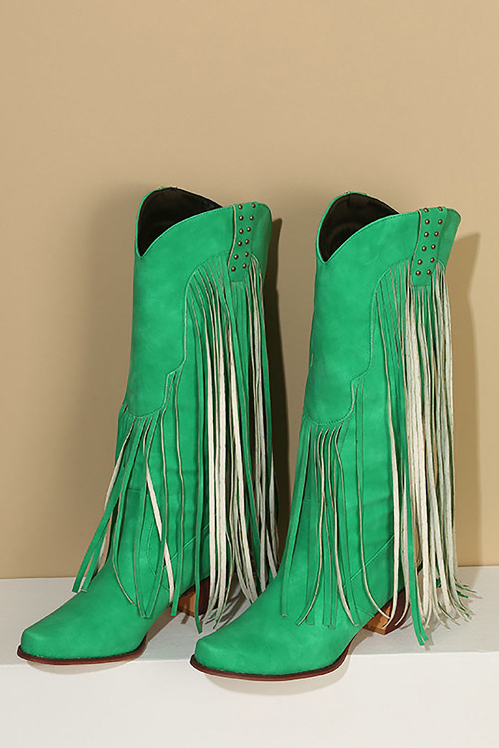 Blue Vintage Mid Heel High Boots with Tassels