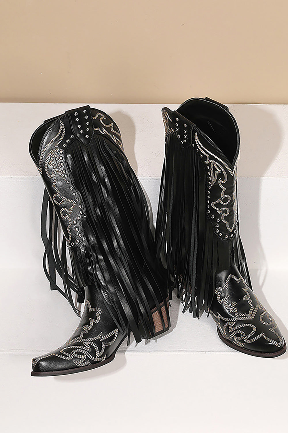 Black Rivet Embroidery High Boots