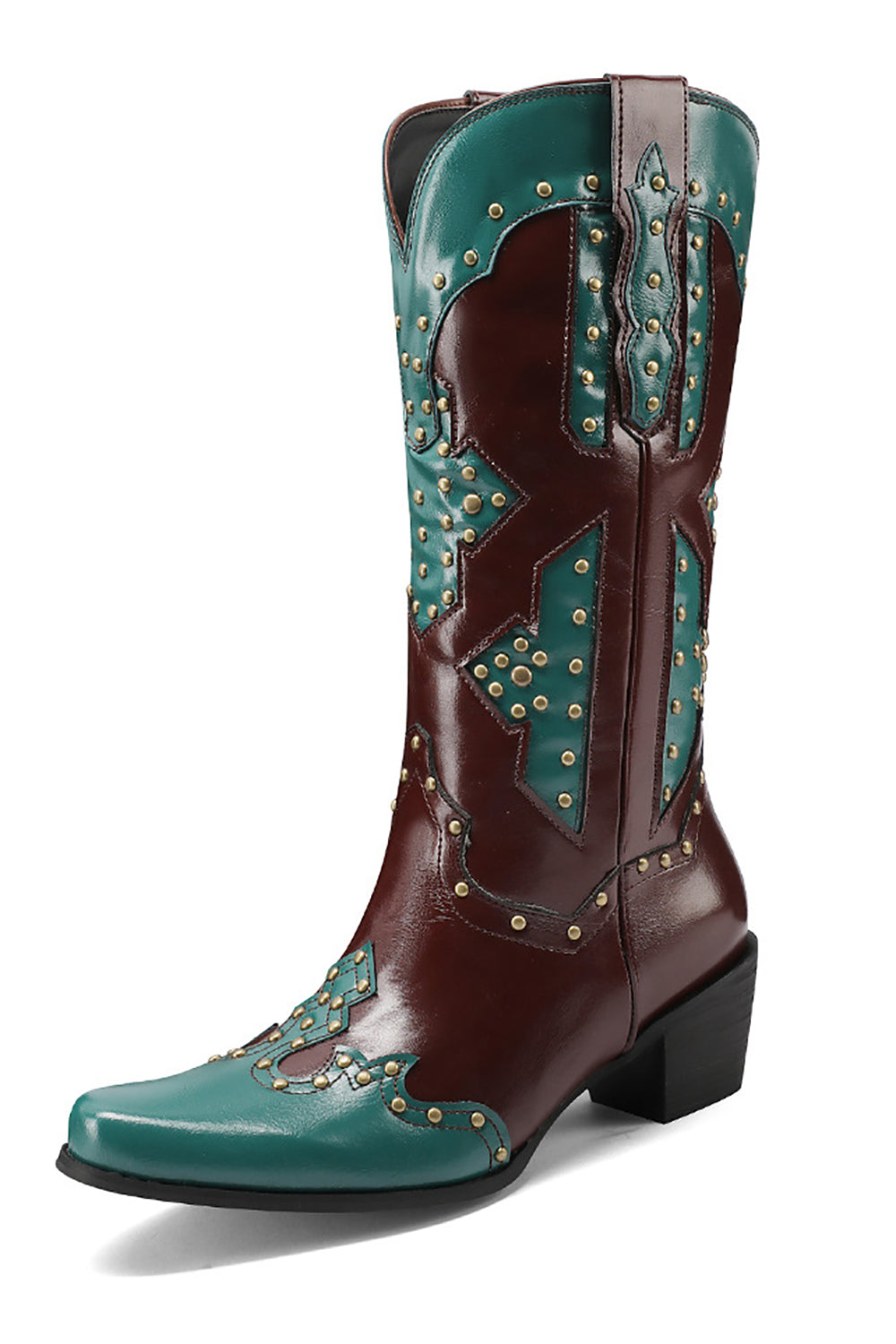 Blue Rivet Colorblock Thick Heel High Boots