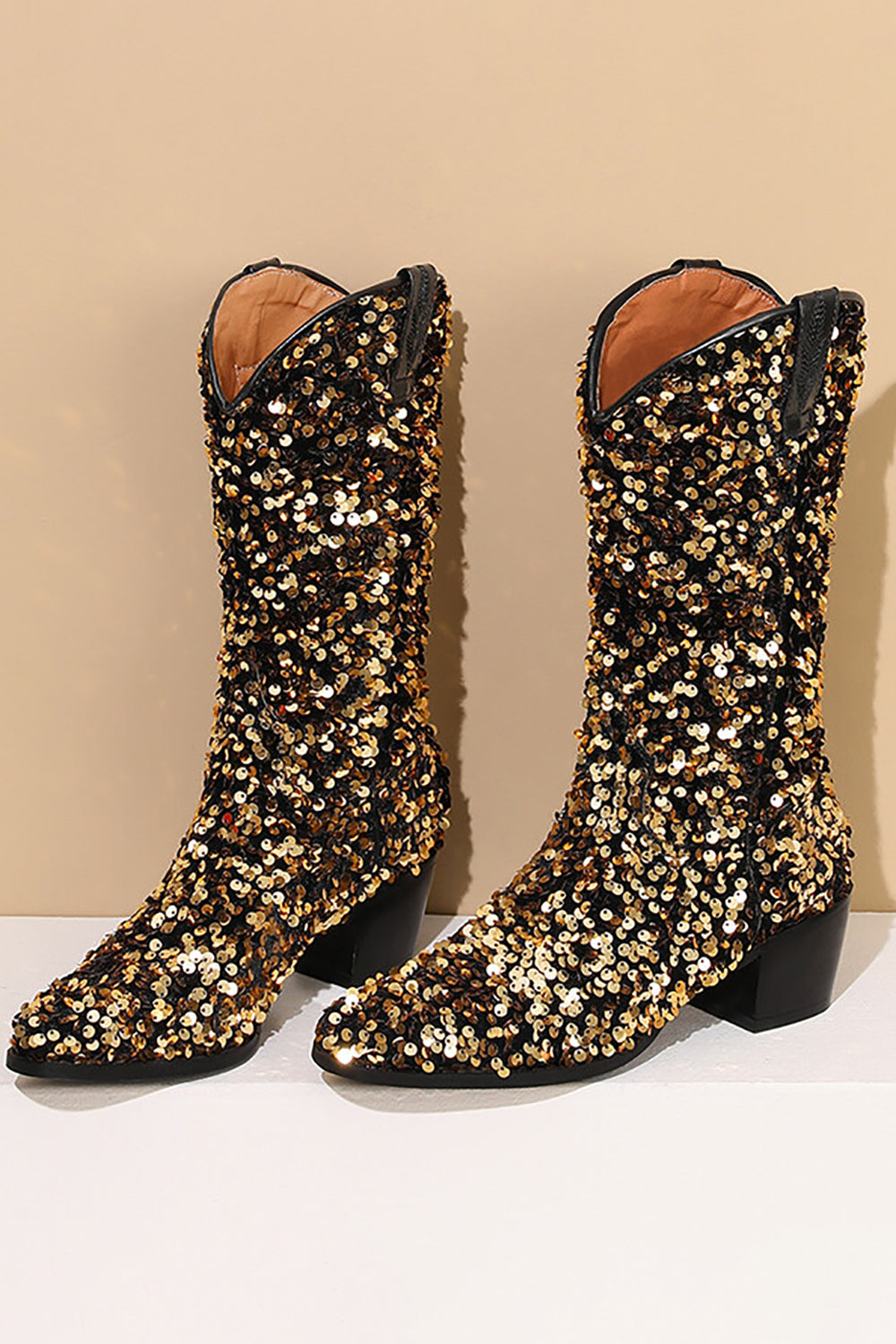 Black Sequined Sexy Pointed Toe Thick Heel Boots