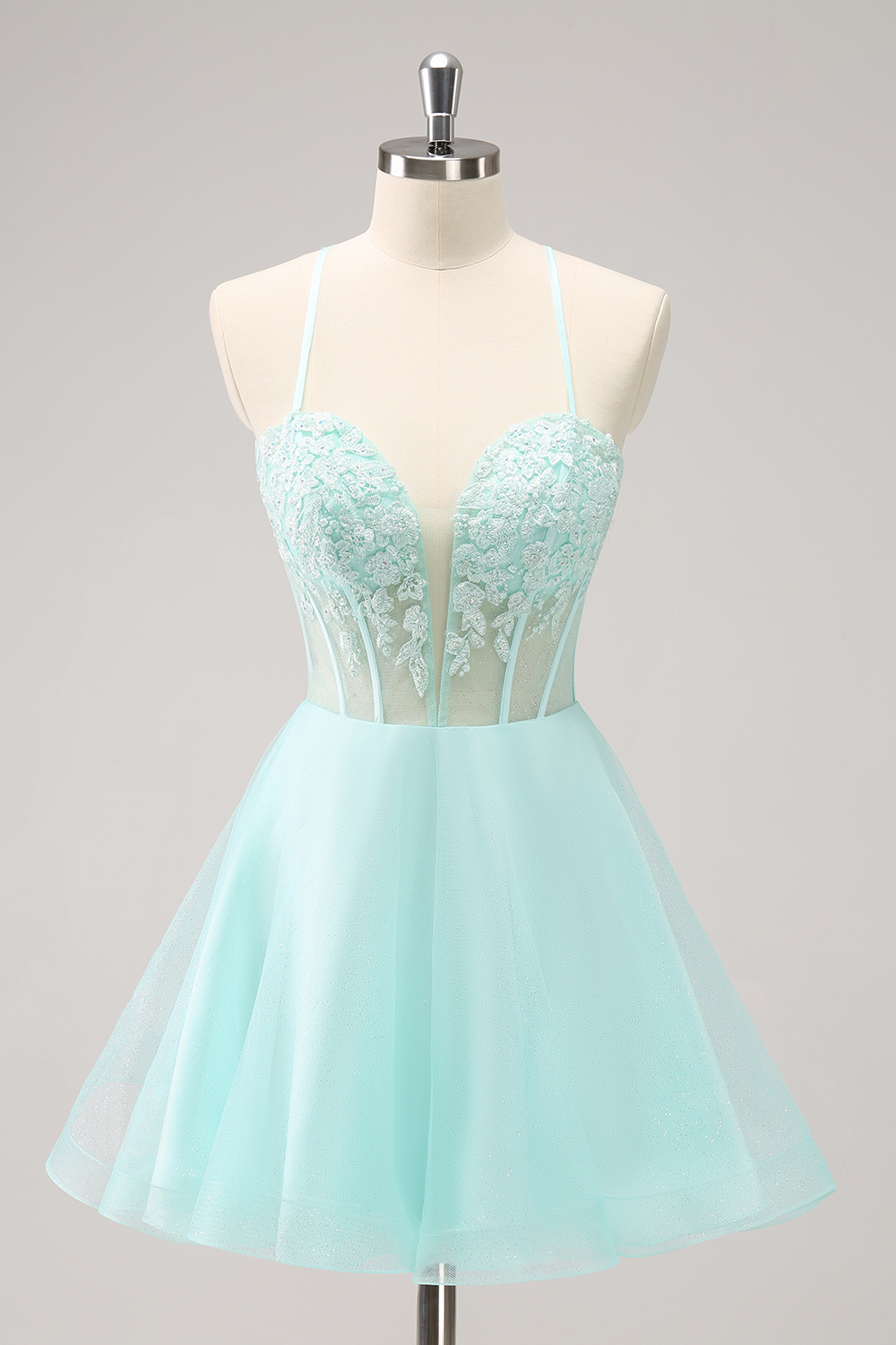 Green Spaghetti Straps A-Line Tulle Short Corset Homecoming Dress with Appliques