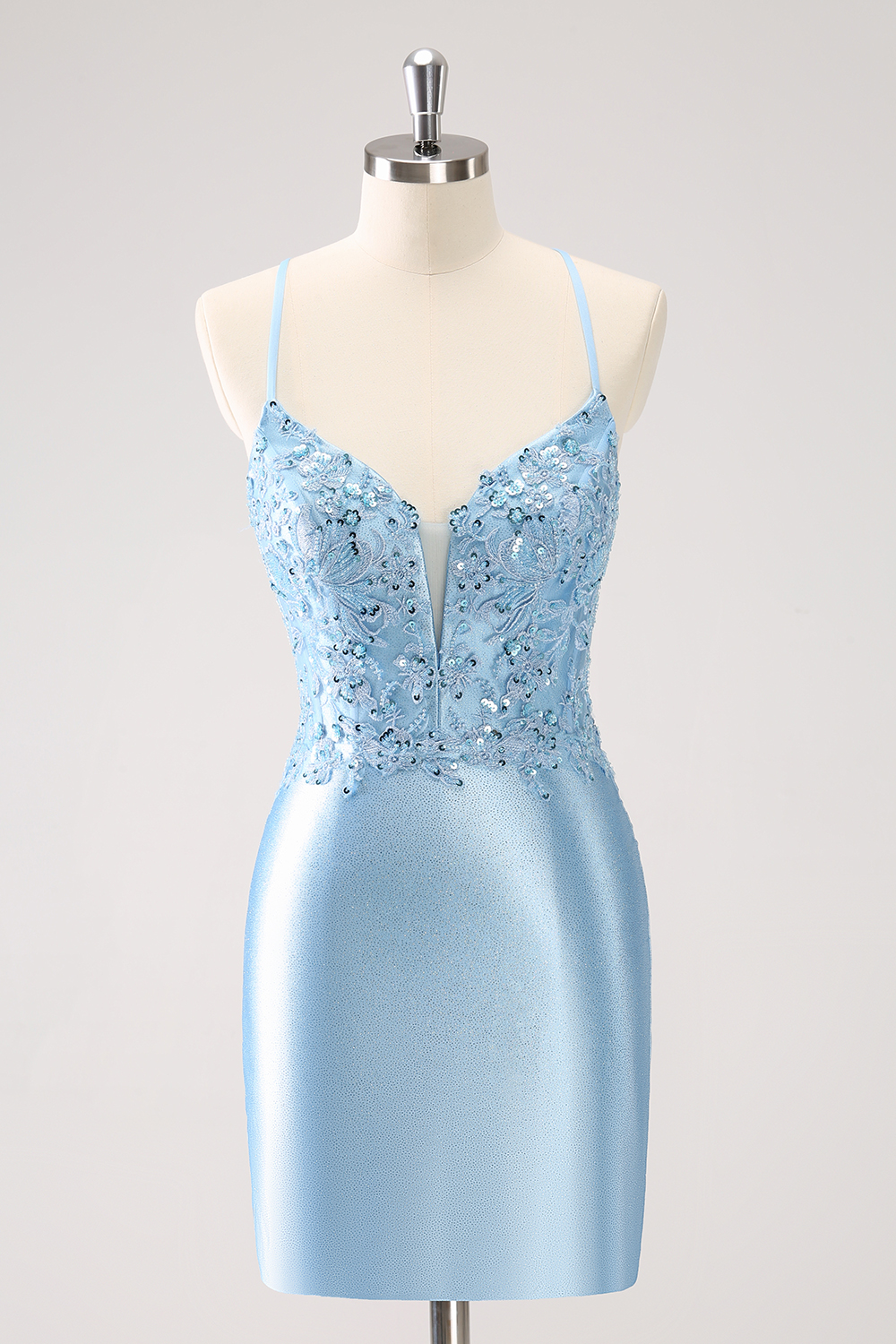Sparkly Bluy Spaghetti Straps Bodycon Satin Short Homecoming Dress with Appliques