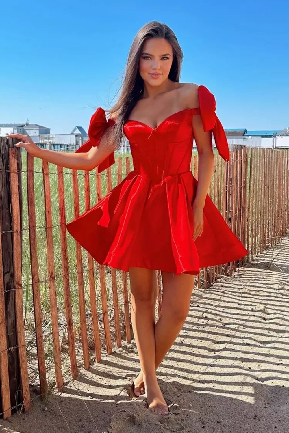 Red Off the Shoulder A-Line Short Homecoming Dress with Bow
