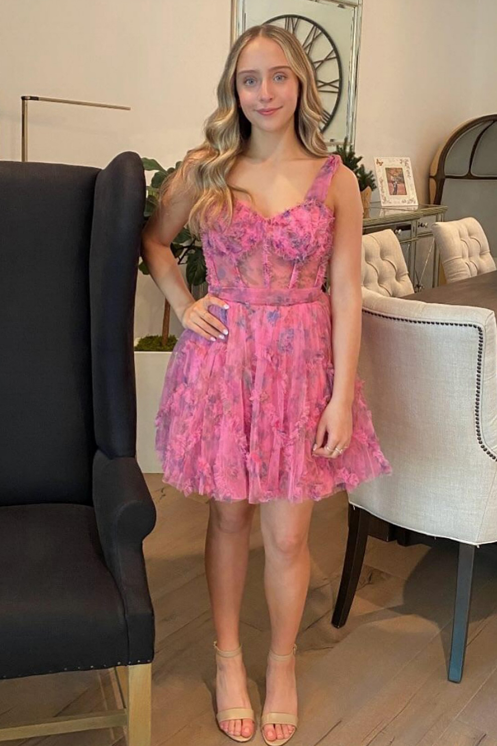 Pink Floral Printed Spaghetti Straps A-Line Short Homecoming Dress