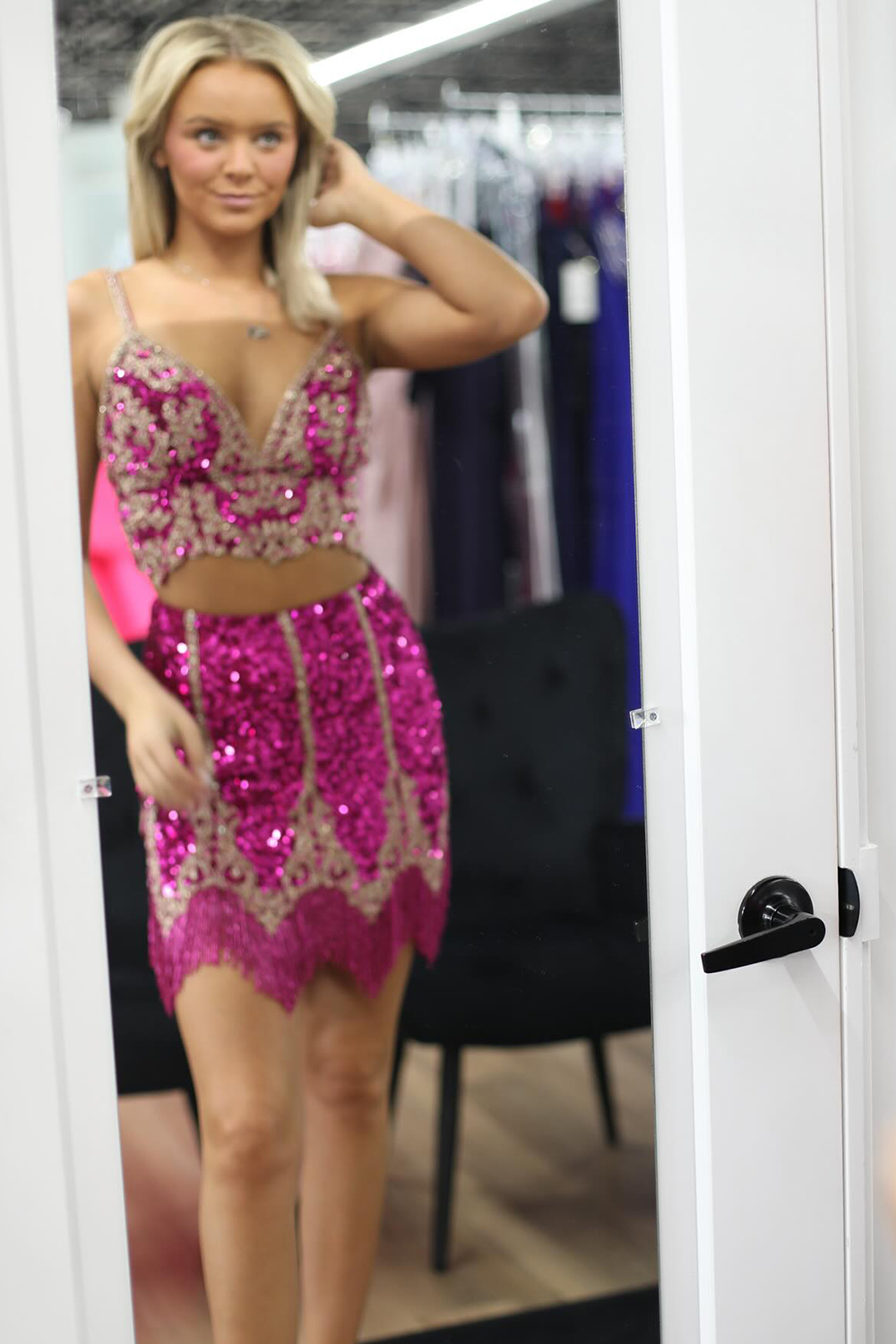 Sparkly Fuchsia Spaghetti Straps Sequins Bodycon Short Homecoming Dress with Fringe