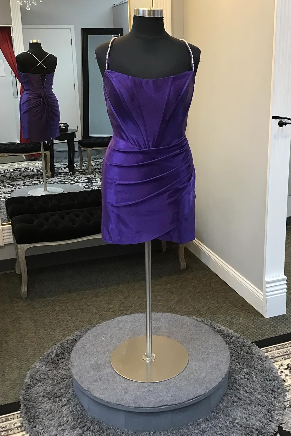 Dark Purple Spaghetti Straps Satin Bodycon Corset Short Homecoming Dress
