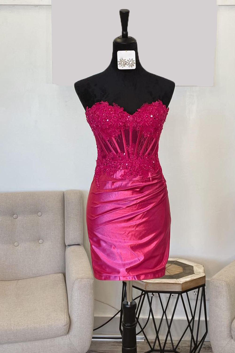 Fuchsia Strapless Bodycon Satin Short Corset Homecoming Dress with Appliques