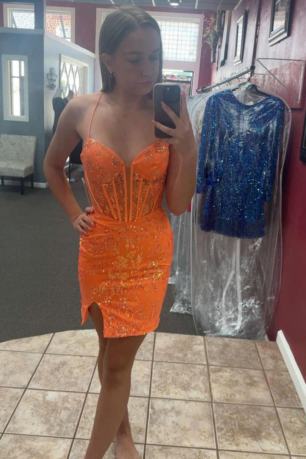 Sparkly Orange Spaghetti Straps Sequins Bodycon Corset Short Homecoming Dress