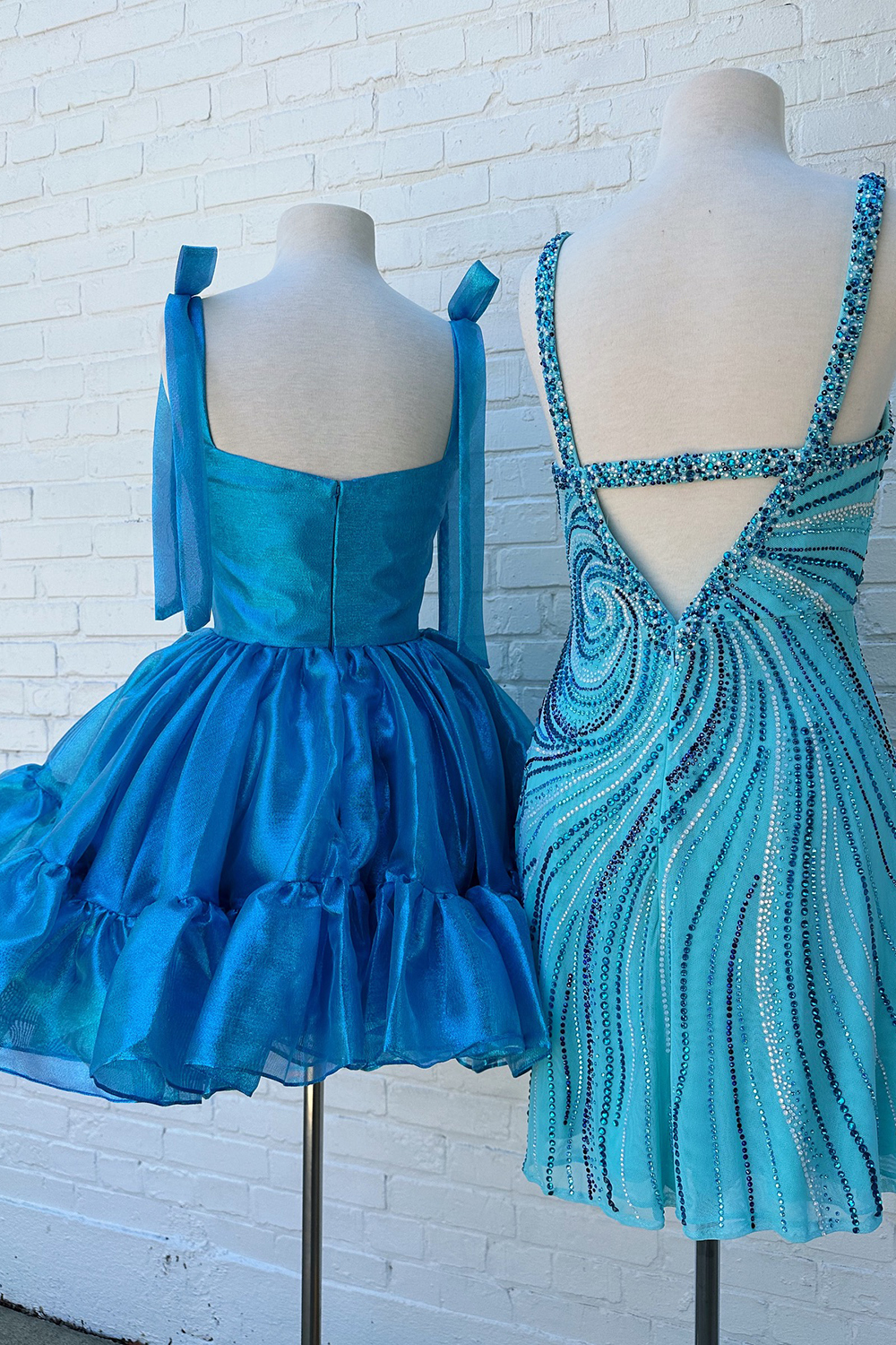 Sparkly Blue Ruffled Short Homecoming Dress with Bows Sweetheart Adjustable Straps A Line Cocktail Dress