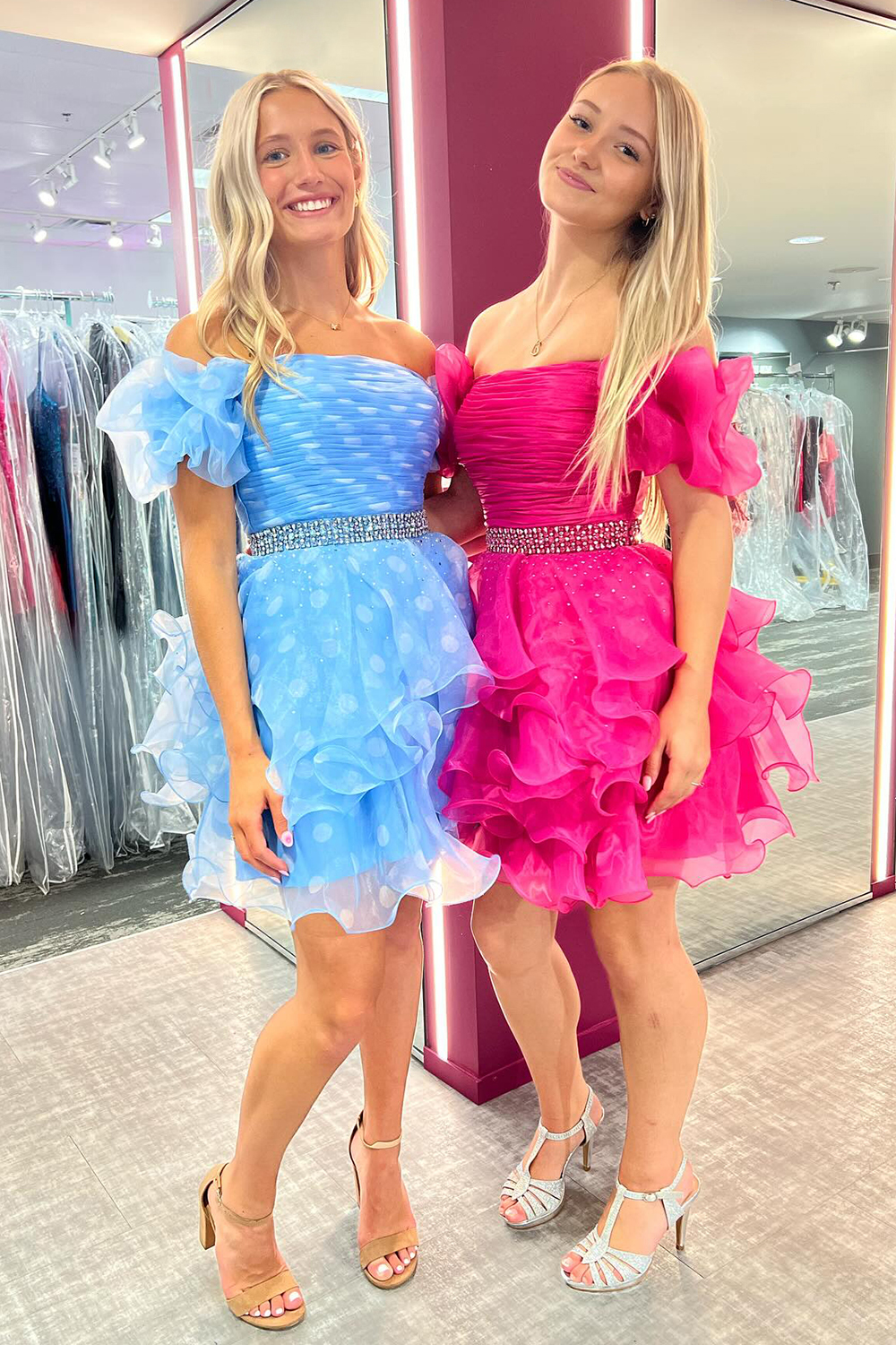 Fuchsia Off the Shoulder A-Line Tiered Short Homecoming Dress 