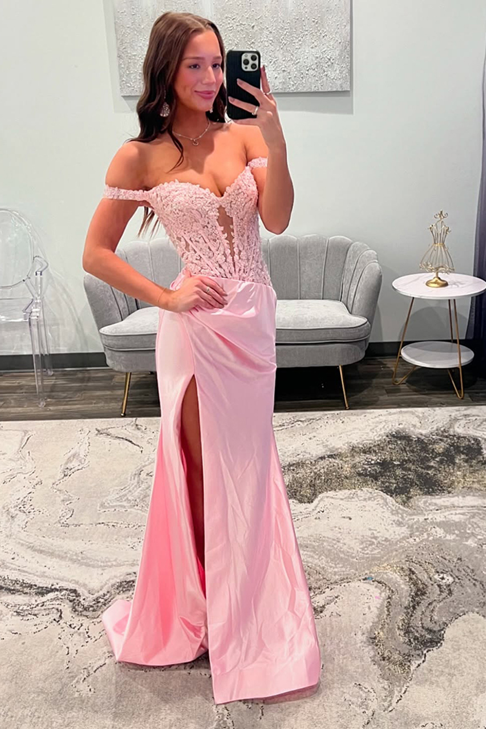 Pink Corset Off the Shoulder Long Satin Prom Dress with Lace