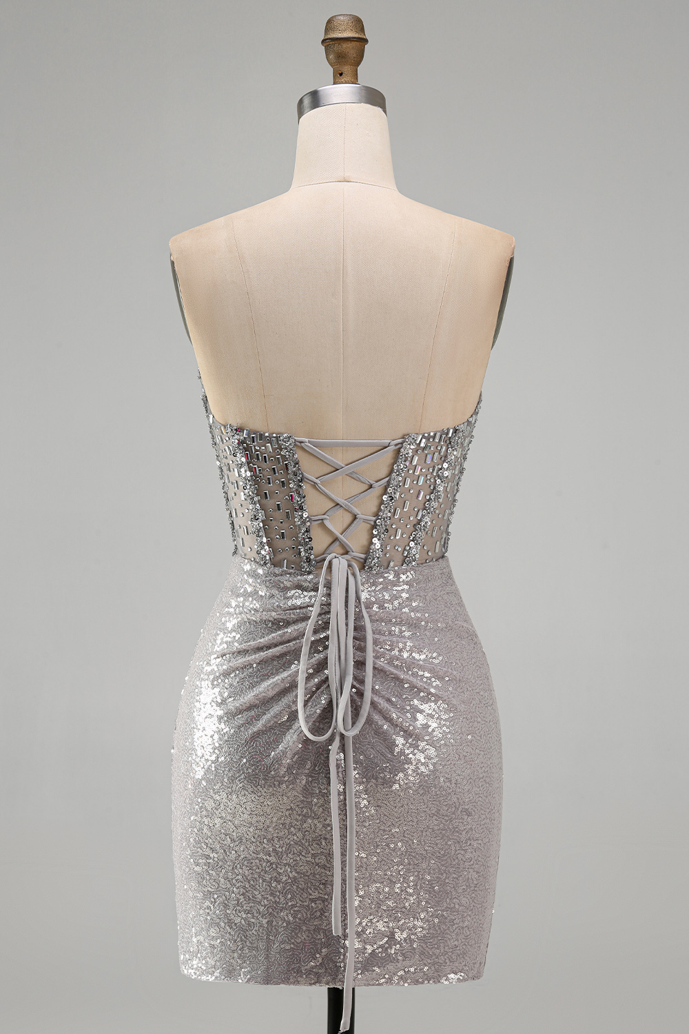 Champagne Strapless Tight Sequins Short Corset Homecoming Dress with Rhinestones
