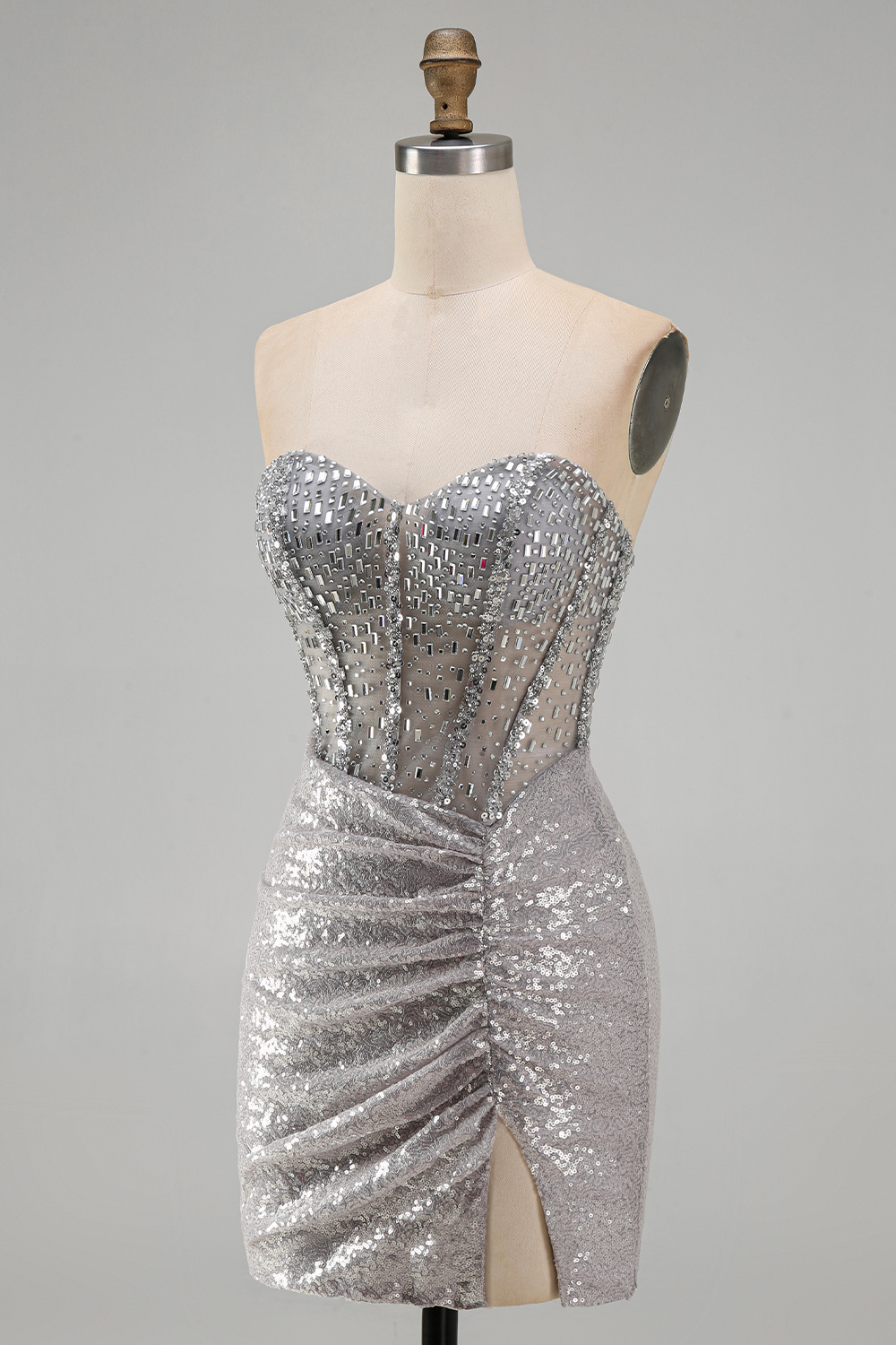 Champagne Strapless Tight Sequins Short Corset Homecoming Dress with Rhinestones