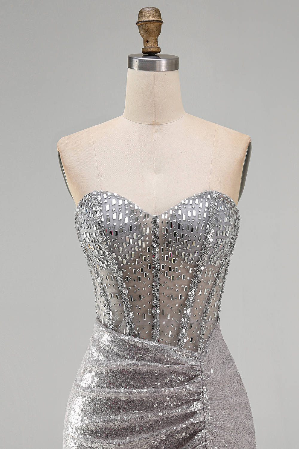 Champagne Strapless Tight Sequins Short Corset Homecoming Dress with Rhinestones