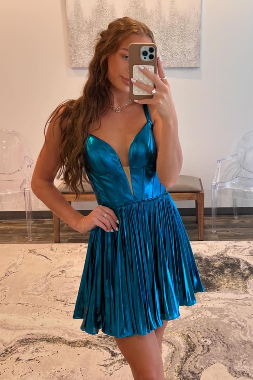 Blue Metallic Spaghetti Straps A-Line Pleated Short Homecoming Dress with Open Back