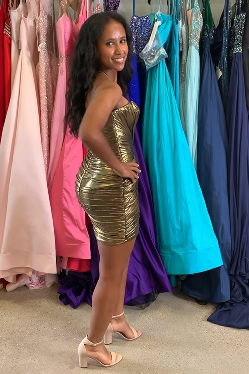 Fuchsia Metallic Strapless Bodycon Ruched Short Homecoming Dress