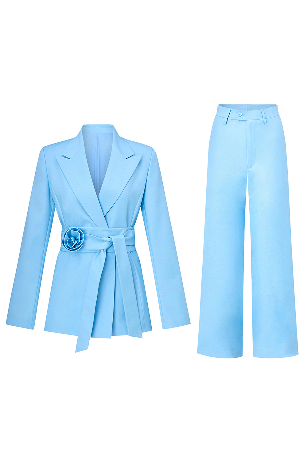 Blue Peak Lapel Slim Fitted One Button Women Suits with Belt
