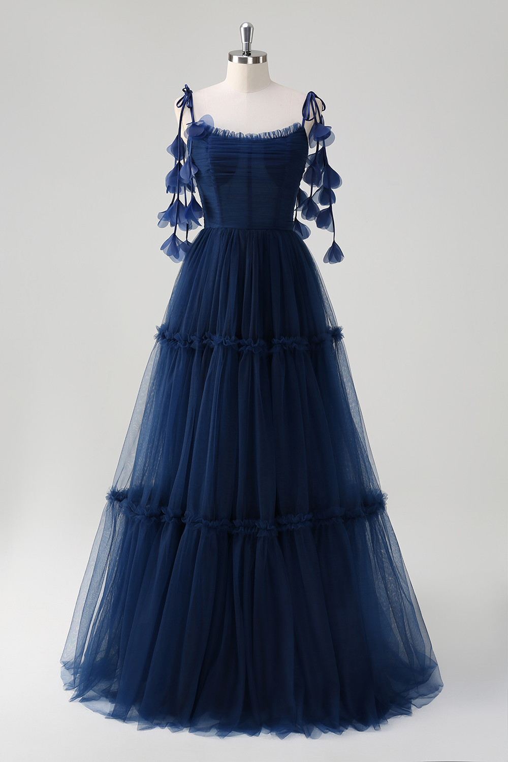 Navy Spaghetti Straps Tulle A-Line Long Corset Prom Dress