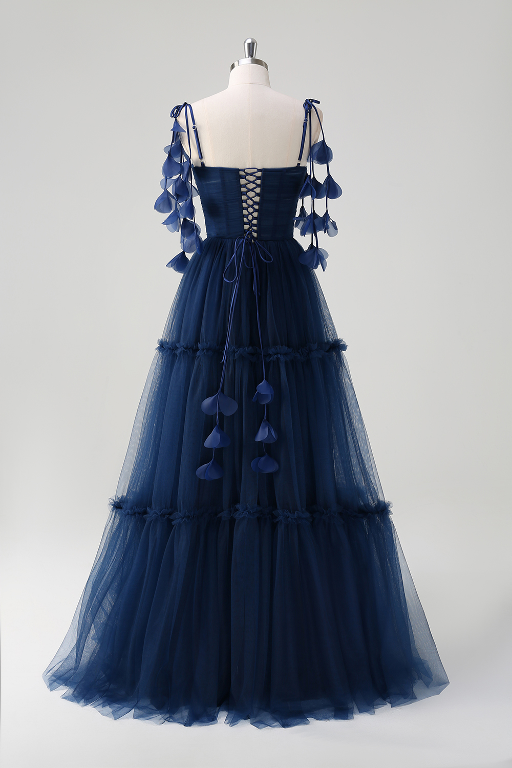Navy Spaghetti Straps Tulle A-Line Long Corset Prom Dress