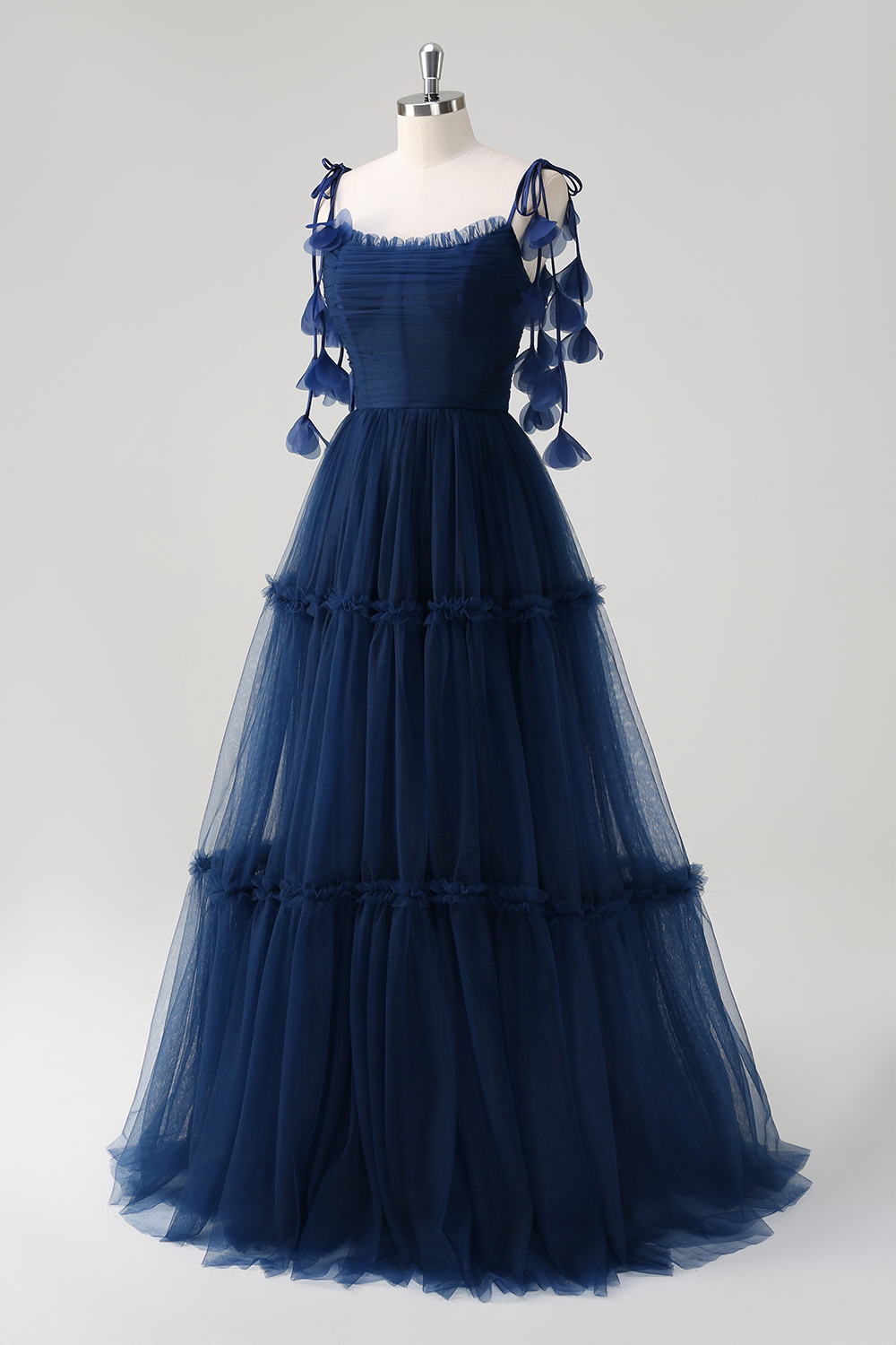 Navy Spaghetti Straps Tulle A-Line Long Corset Prom Dress