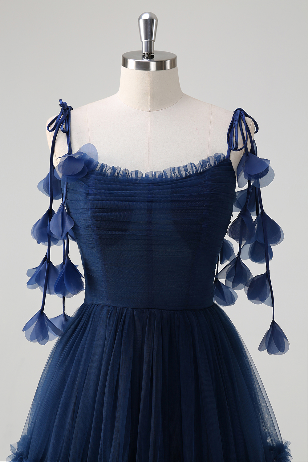 Navy Spaghetti Straps Tulle A-Line Long Corset Prom Dress