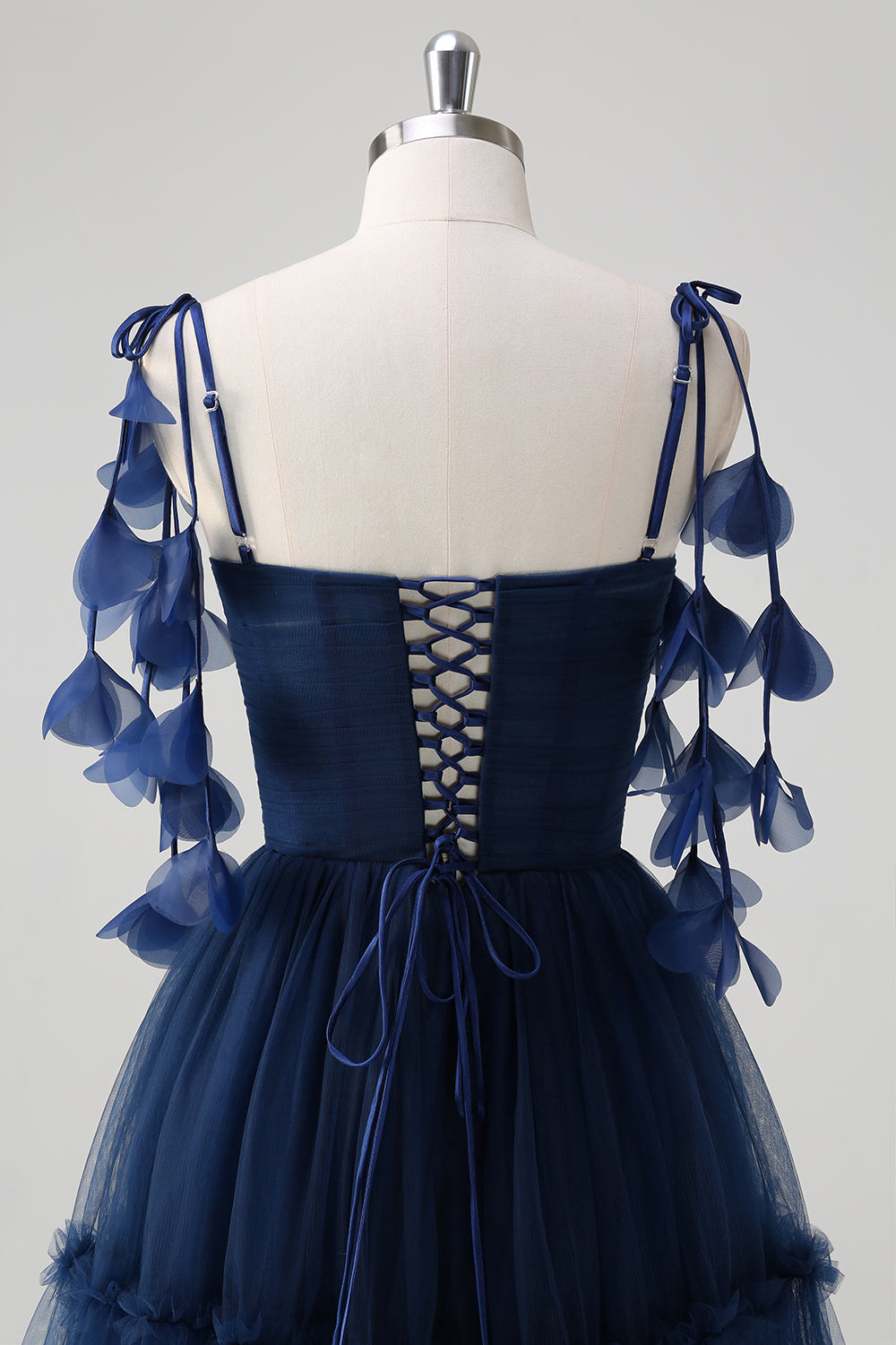 Navy Spaghetti Straps Tulle A-Line Long Corset Prom Dress