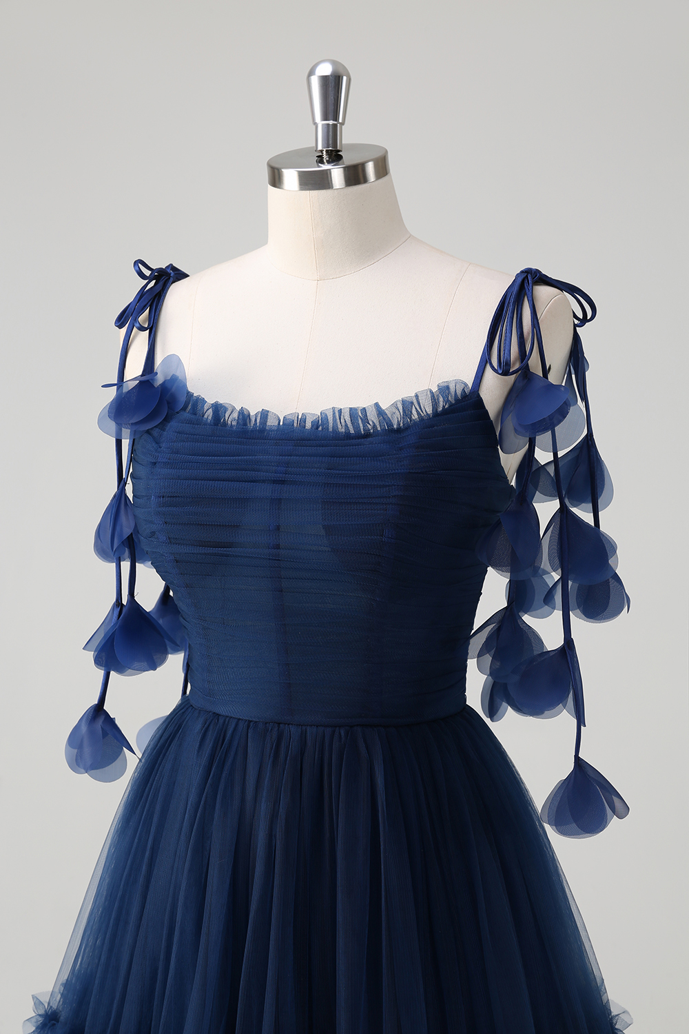 Navy Spaghetti Straps Tulle A-Line Long Corset Prom Dress