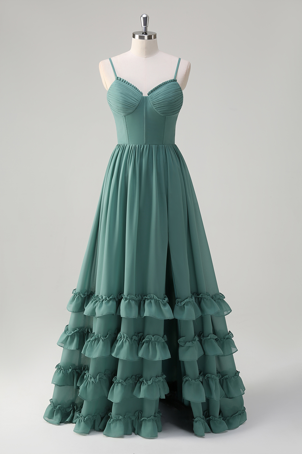 Eucalyptus Green Spaghetti Straps Chiffon A-Line Long Corset Prom Dress with Slit
