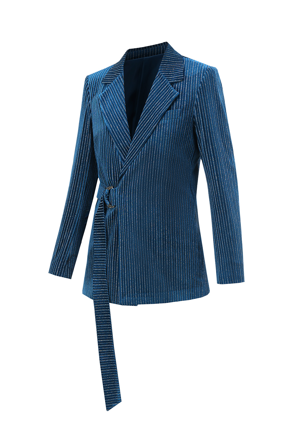 Peacock Blue Notched Lapel Stripes 2 Pieces Women Suits with Belt