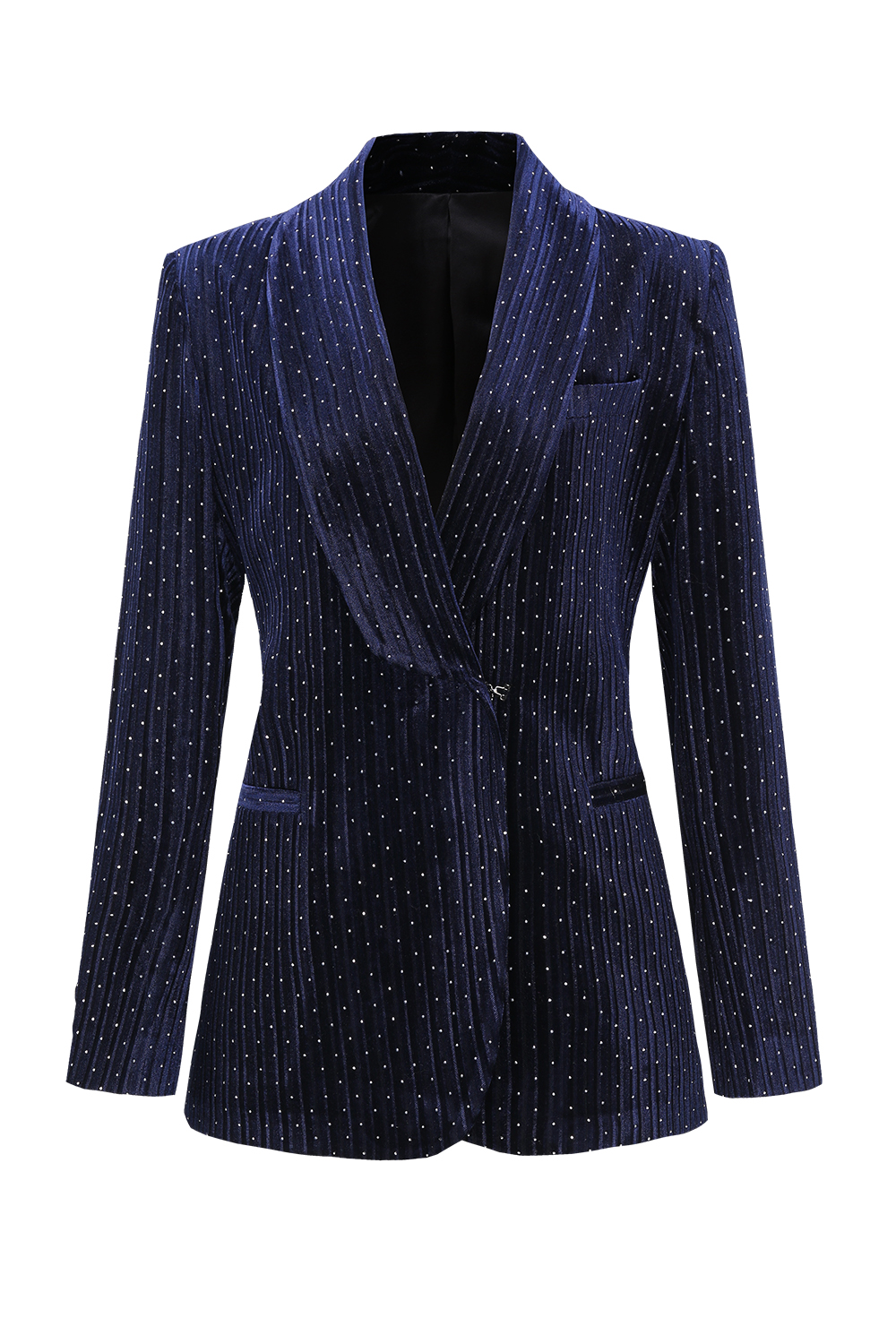 Navy Shawl Lapel Polka Dots Velvet 2 Pieces Women Suits with Belt