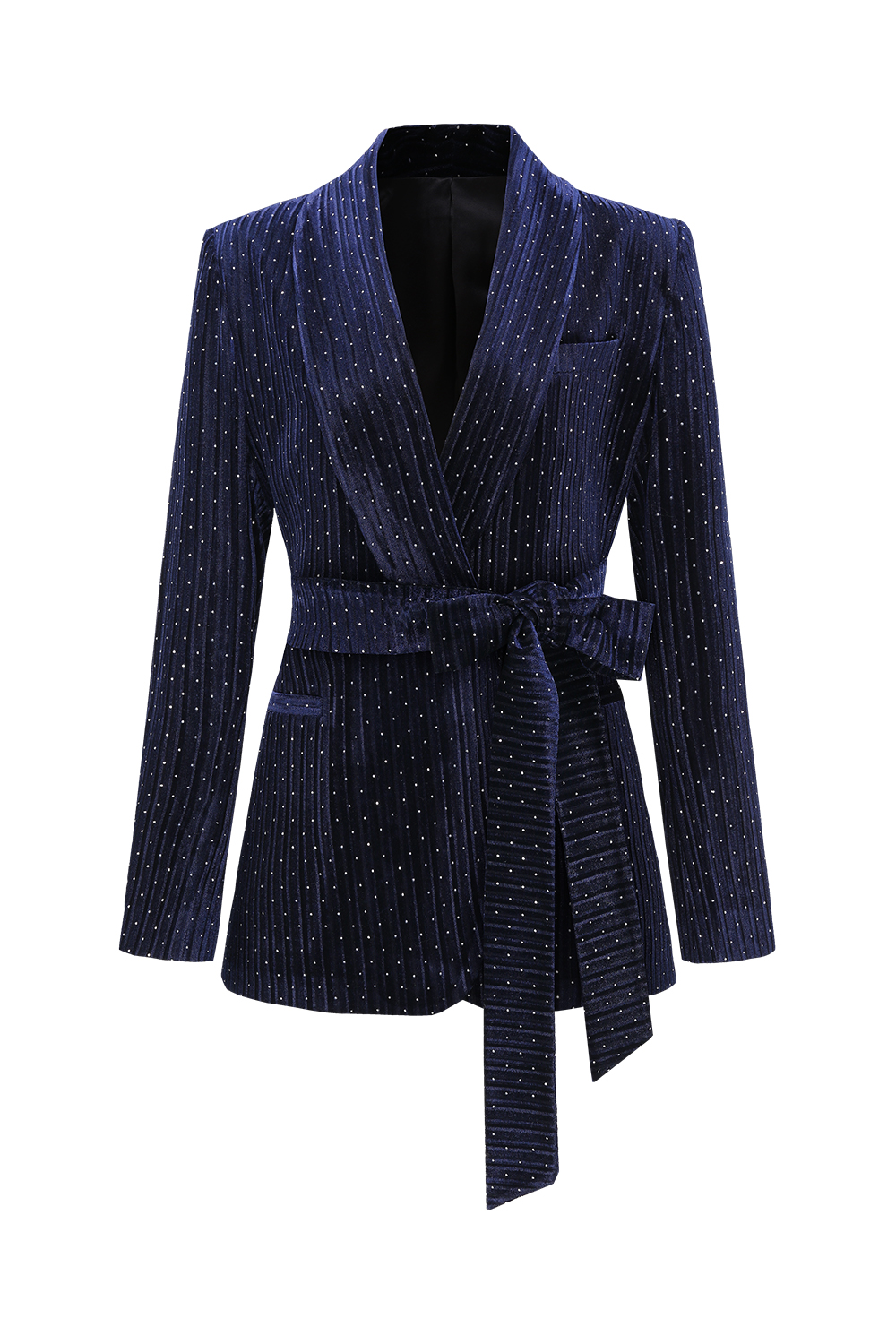 Navy Shawl Lapel Polka Dots Velvet 2 Pieces Women Suits with Belt