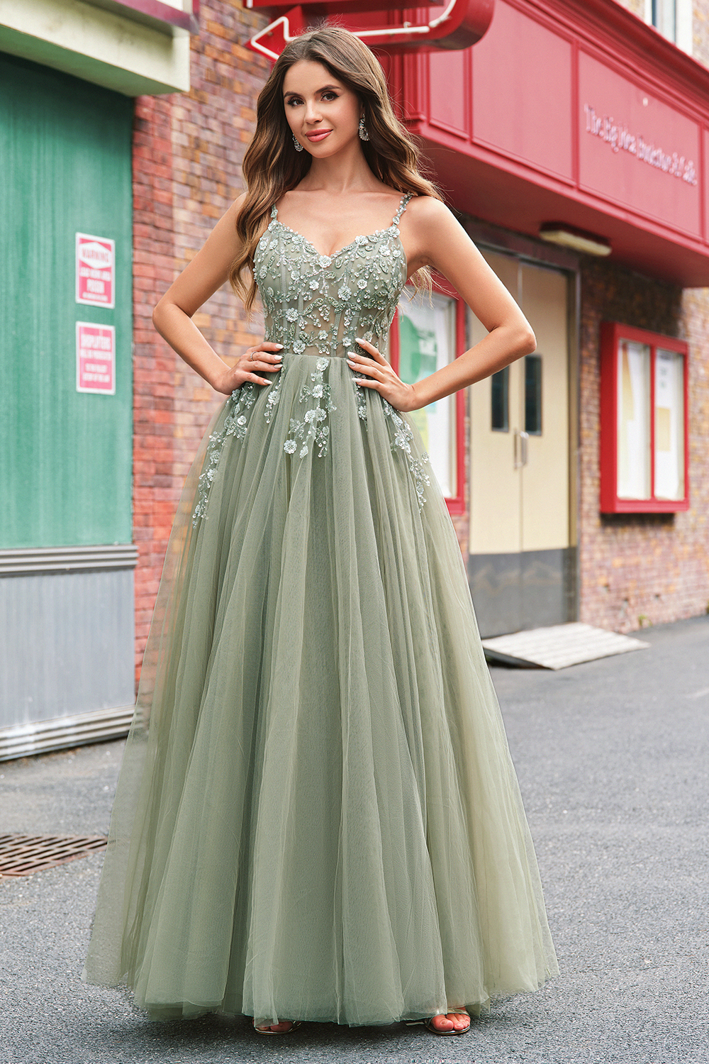Green Spaghetti Straps Princess Tulle Long Corset Prom Dress with Appliques
