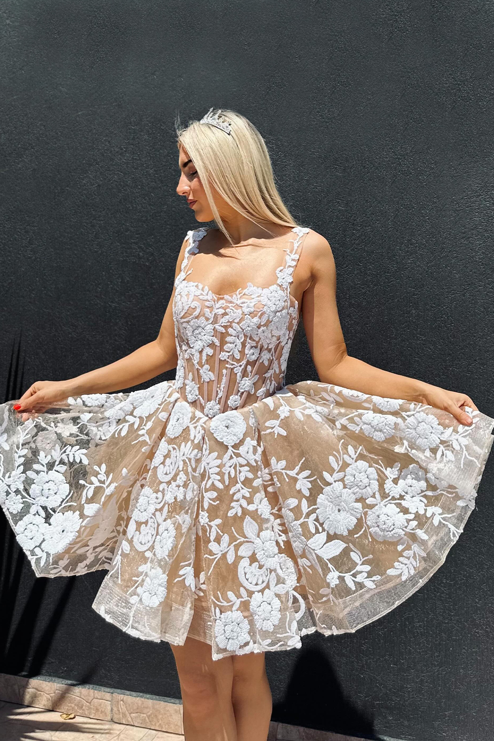 Flroal White A Line Corset Short Homecoming Dress