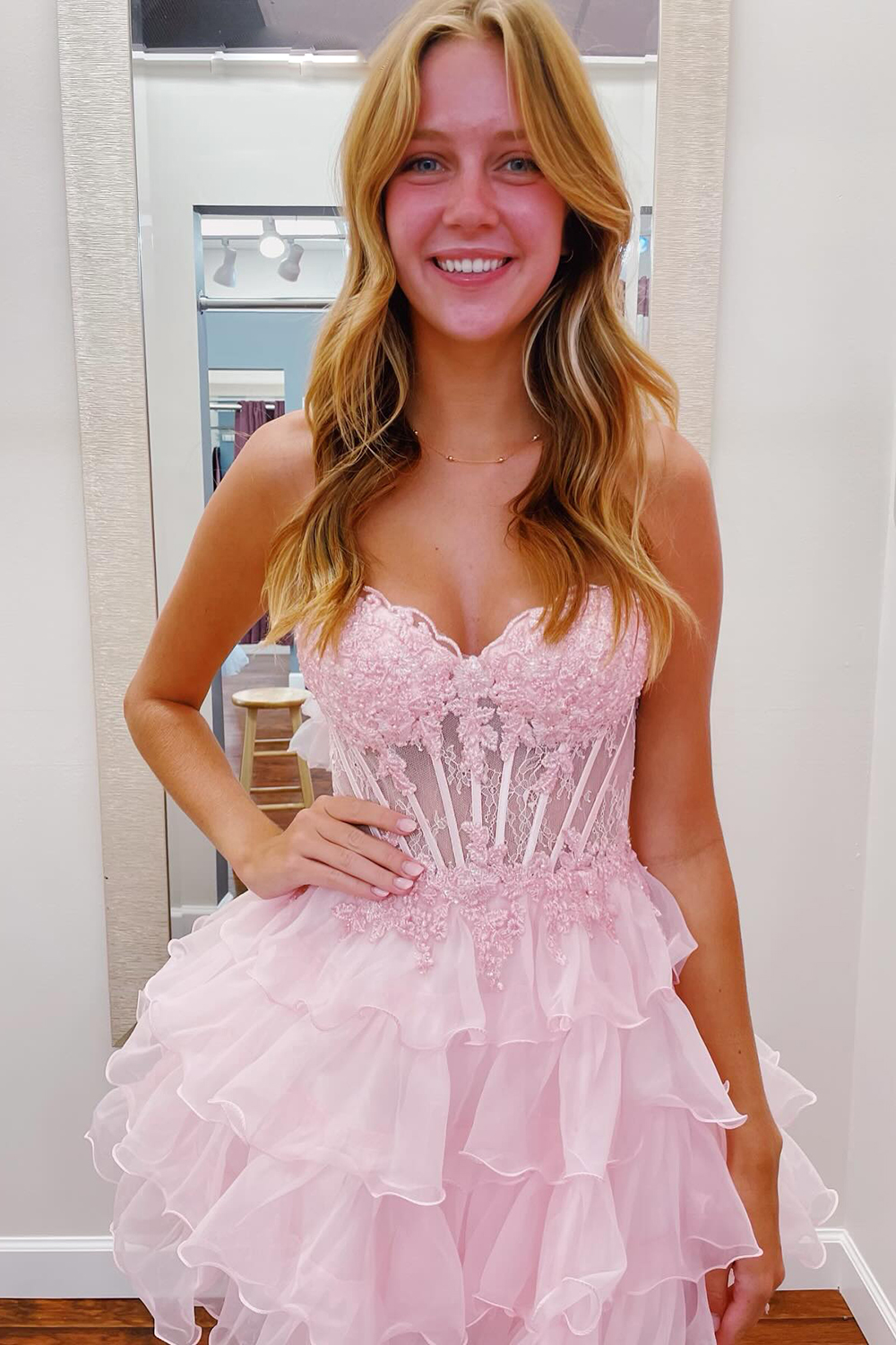 Pink Sweetheart Tiered A-Line Corset Short Homecoming Dress with Appliques