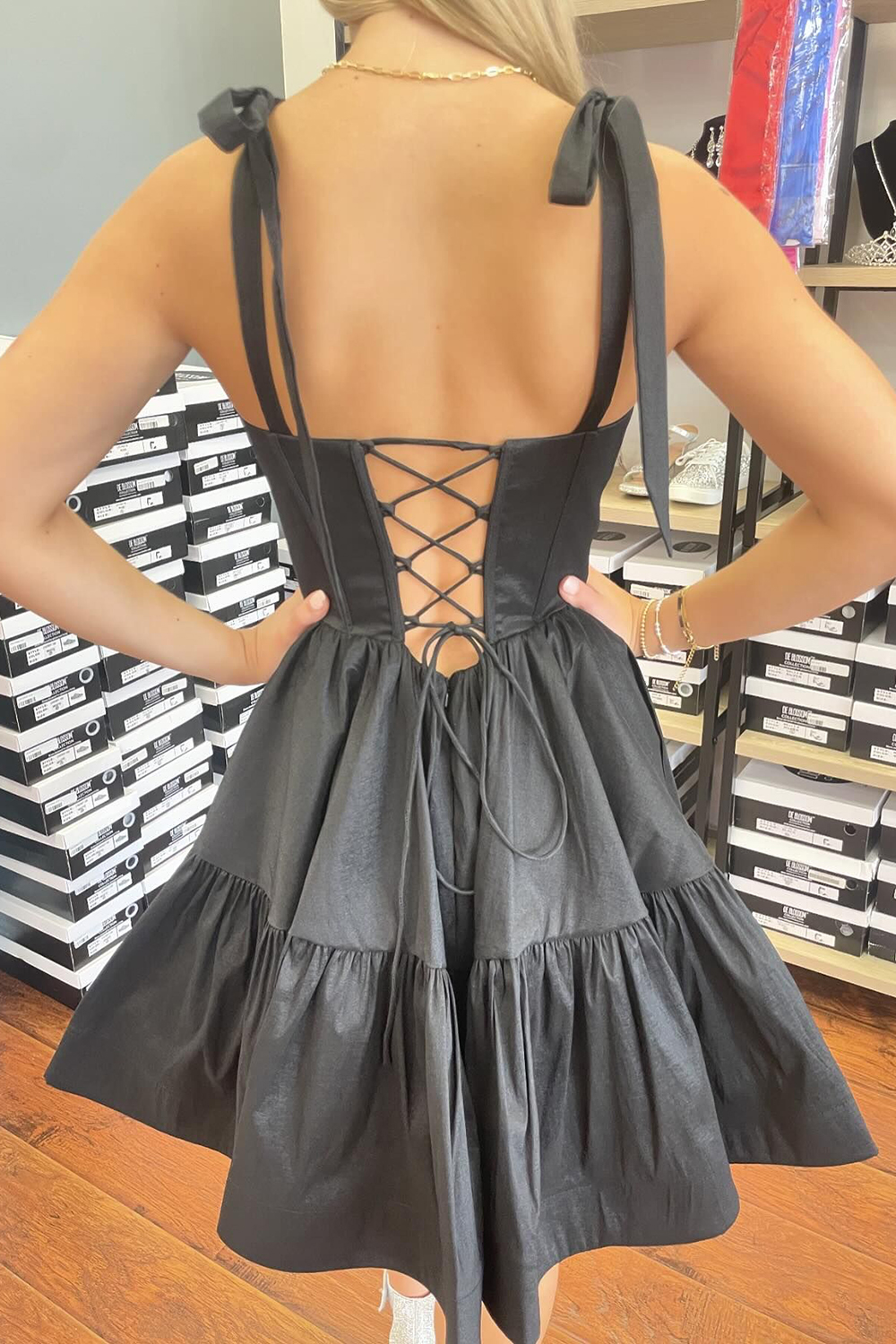 Black Adjustable Straps A-Line Short Corset Homecoming Dress with Ruffles