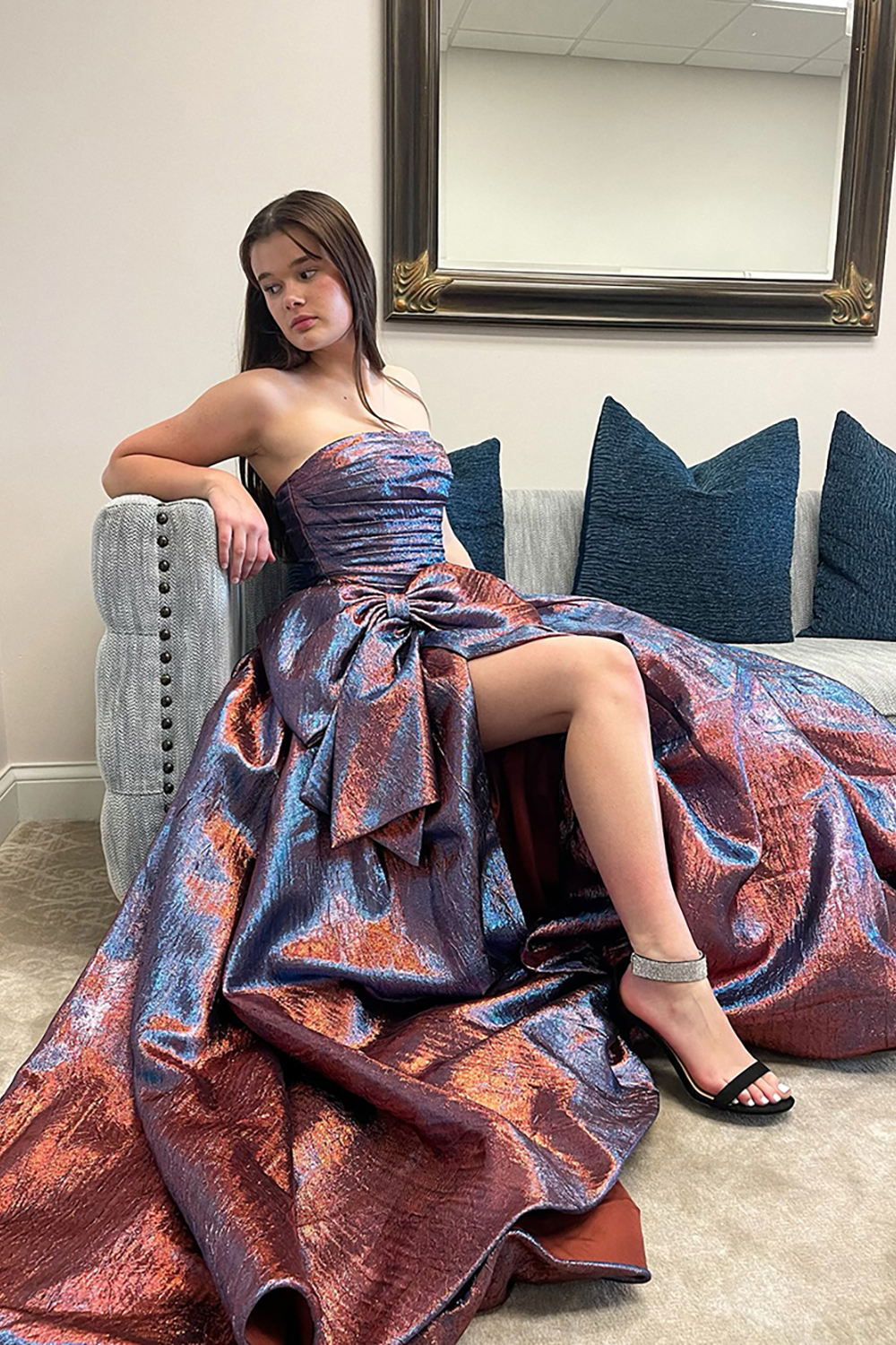 Fuchsia Metallic Strapless Ruched A-Line Long Prom Dress with Bow