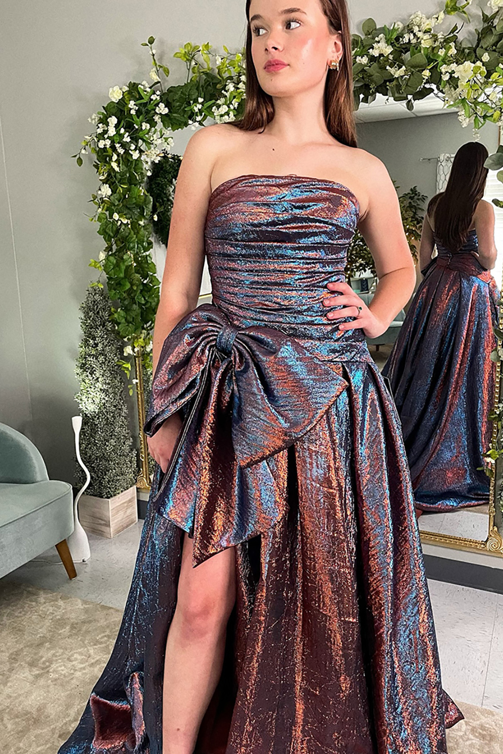 Fuchsia Metallic Strapless Ruched A-Line Long Prom Dress with Bow