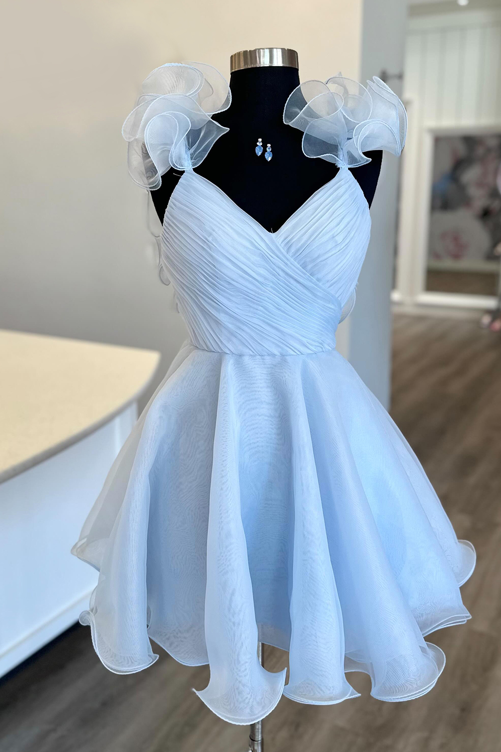 Light Blue Spaghetti Strapless A-Line Ruched Short Homecoming Dress with Ruffles