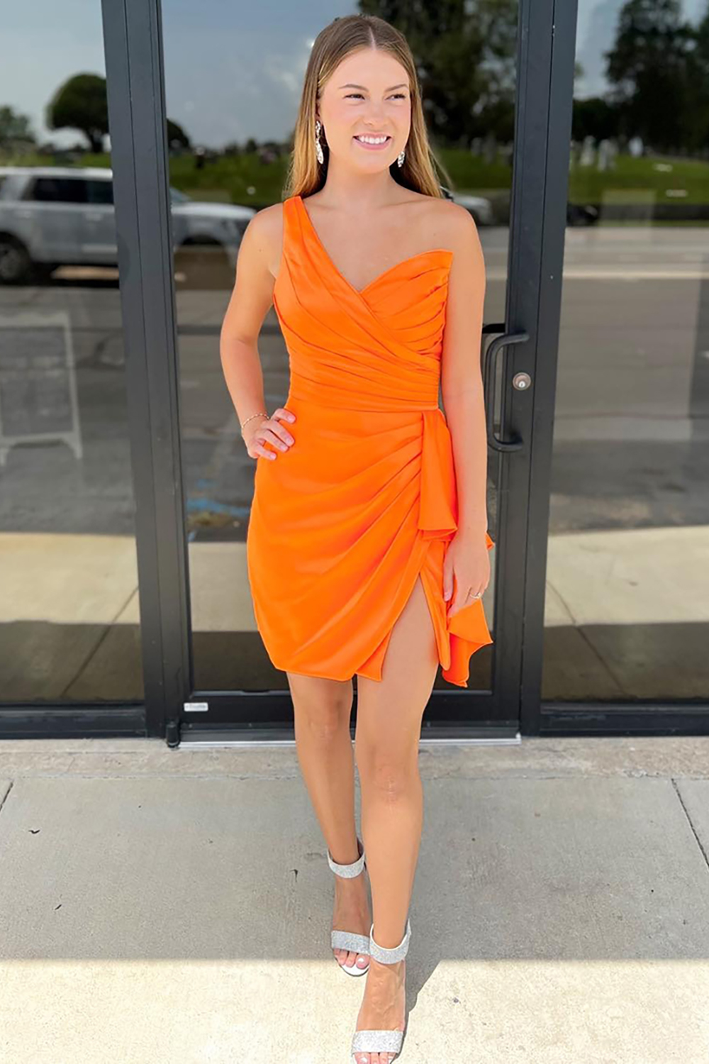 Orange One Shoulder Ruched Bodycon Short Satin Homecoming Dress with Slit