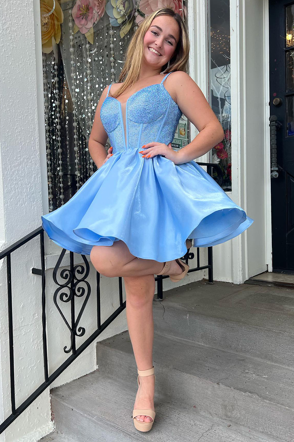 Glitter Light Blue Spaghetti Strapless A-Line Corset Short Homecoming Dress with Beading