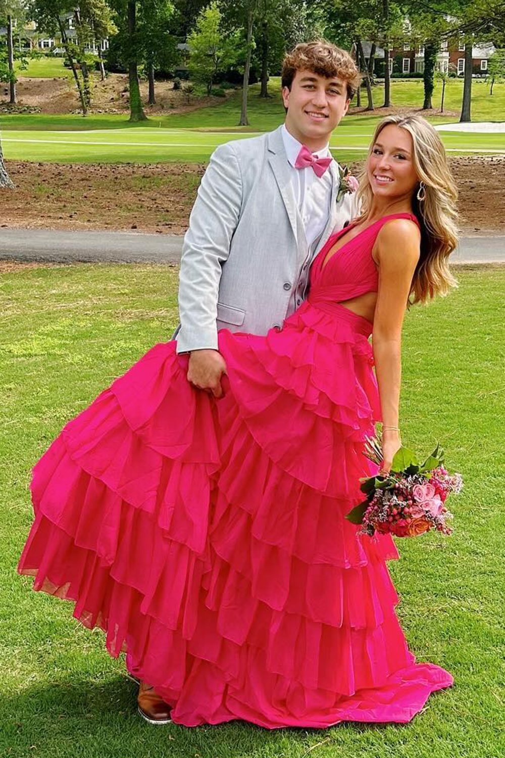 Purple Spaghetti Straps A-Line Ruffled Open Back Long Prom Dress with Slit