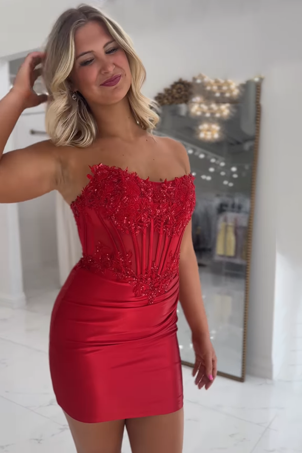 Navy Strapless Bodycon Satin Short Corset Homecoming Dress with Appliques