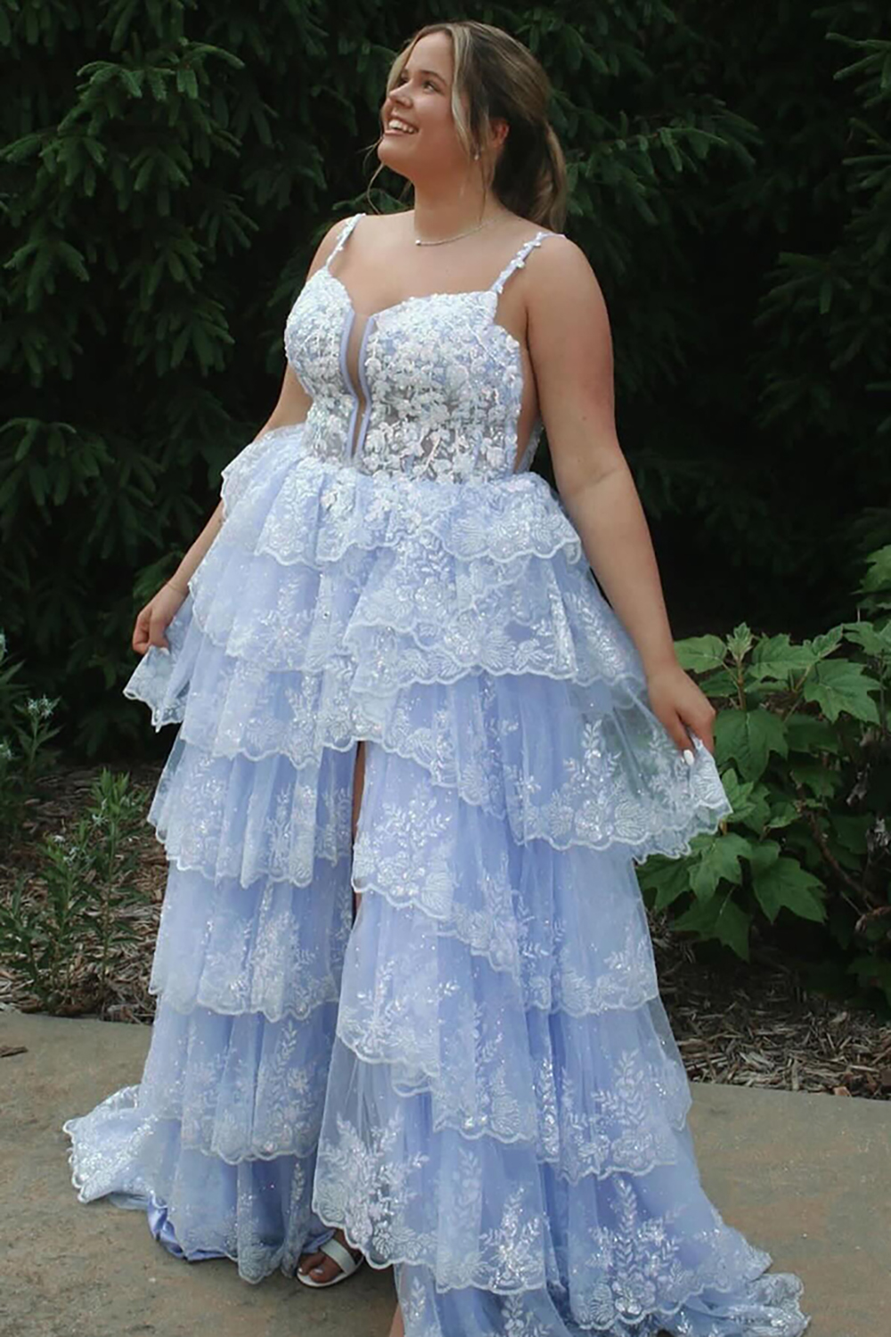 Sparkly Black Spaghetti Straps A-Line Sequins Tiered Long Corset Prom Dress with Slit