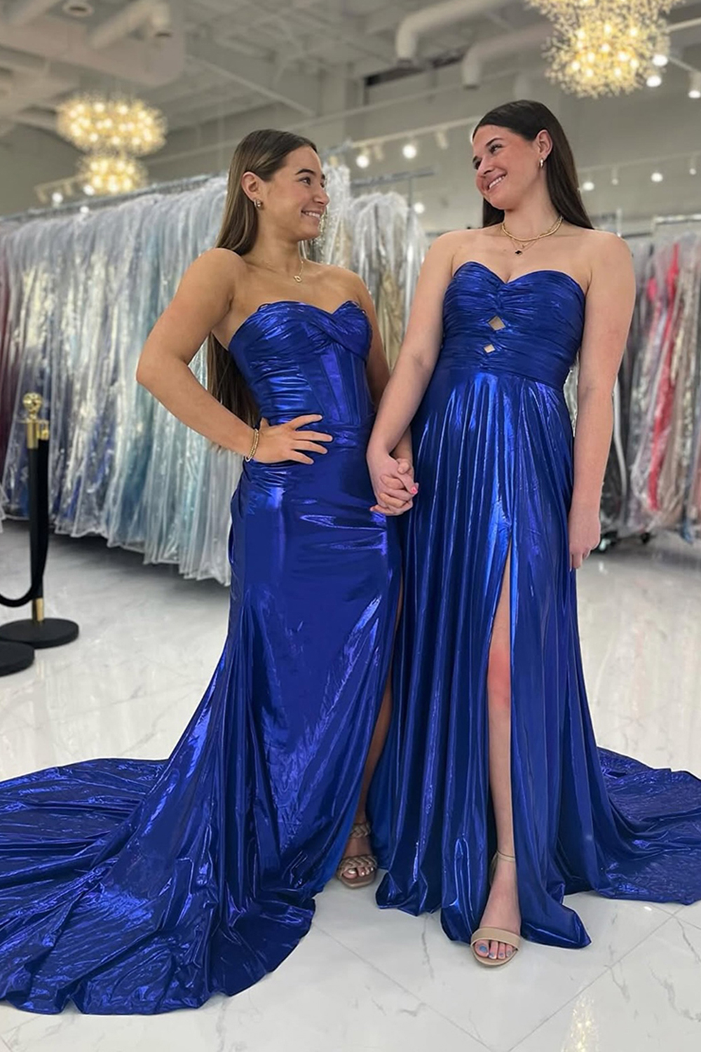 Royal Blue Sweetheart Mermaid Metallic Long Corset Prom Dress with Slit