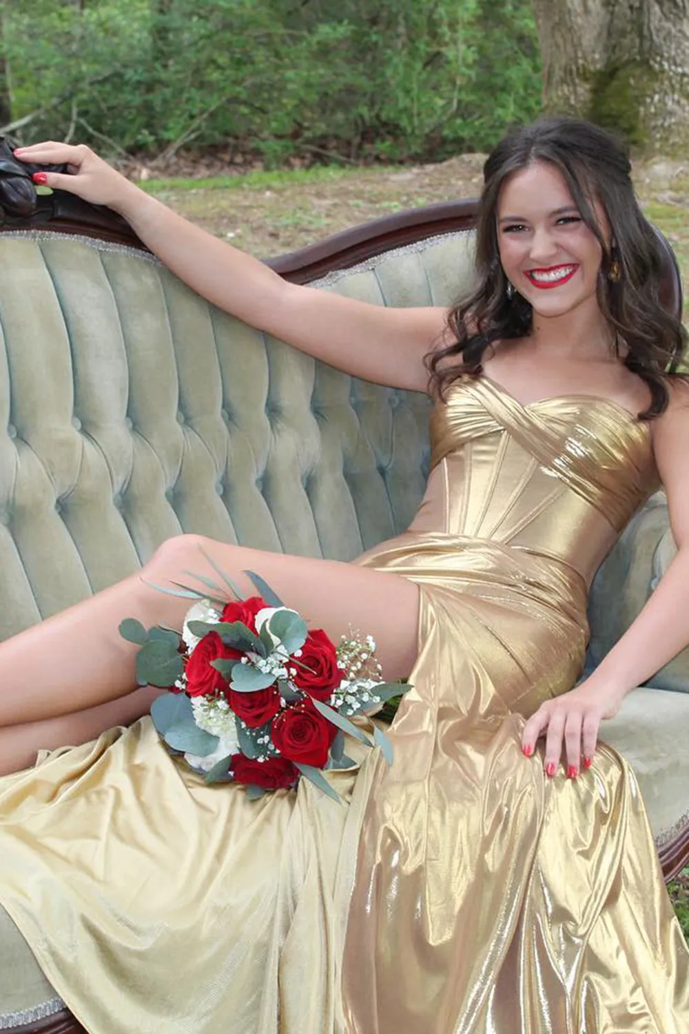 Metallic Rose Gold Sweetheart Corset Prom Dress with Slit